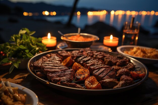 Grilled picanha perfectly in a beach barbecue with beach chairs generative IA