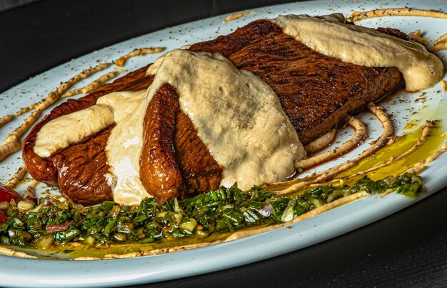 Grilled picanha served with salad and cream