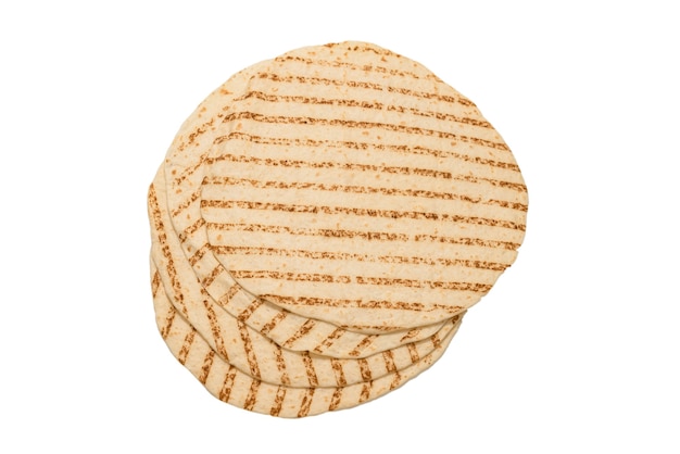 Photo grilled pitta bread isolated on white background. top view.