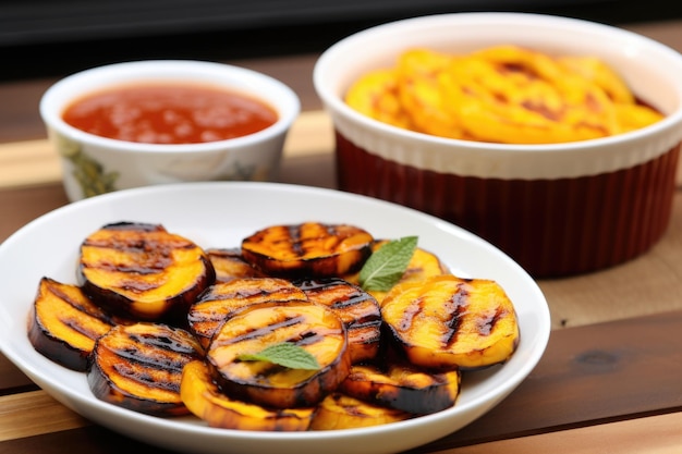 Grilled plantains mango bbq sauce in a dish nearby