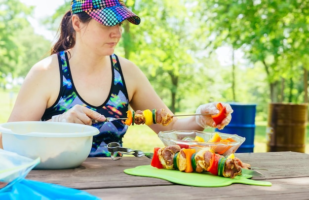 Grilled pork barbecue and vegetable on wooden board