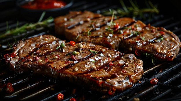 Grilled pork or beef steaks seasoned with chili and salt cascading a black background barbecue grill