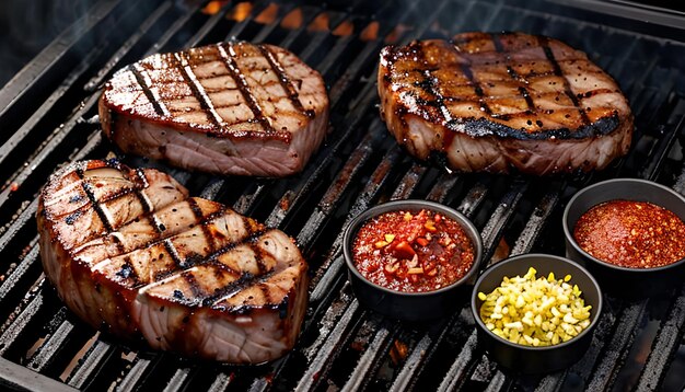 Photo grilled pork or beef steaks with chilli and salt are falling down on black background barbecue gril