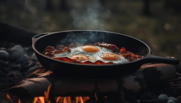 Жареная свинина и жареное яйцо на деревенской чугунной сковороде, созданной ИИ