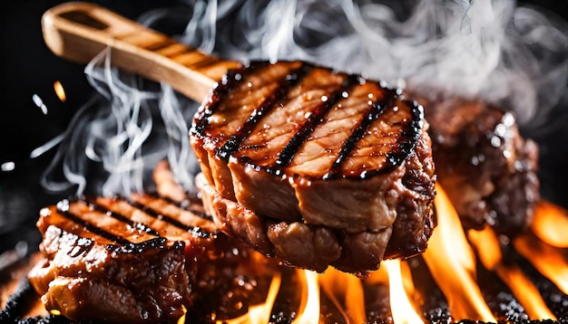 사진 칠리 와 소금 이 들어 있는 그릴 된 돼지고기 나 고기 스테이크 가 검은 바탕 에 떨어지고 있다.