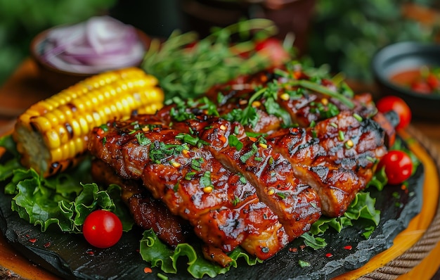 Photo grilled pork ribs and corn on the cob