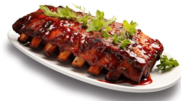 grilled pork ribs generously coated in flavorful BBQ sauce and adorned with fresh herbs