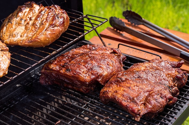 Grilled pork ribs on the grill.