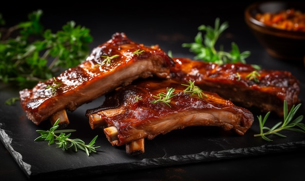 Grilled pork ribs with grilled sauce with smoke spices and rosemary