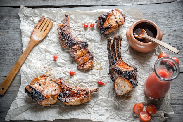 Grilled pork ribs on the wooden table