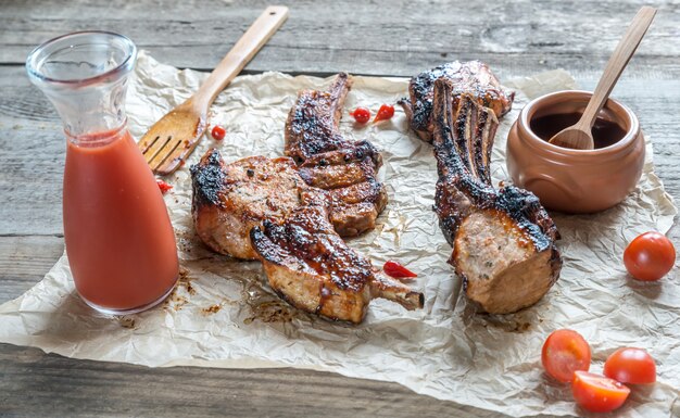 Grilled pork ribs on the wooden table