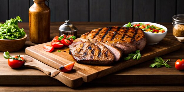 Foto carne di maiale alla griglia su un tavolo di legno rustico cucina moderna