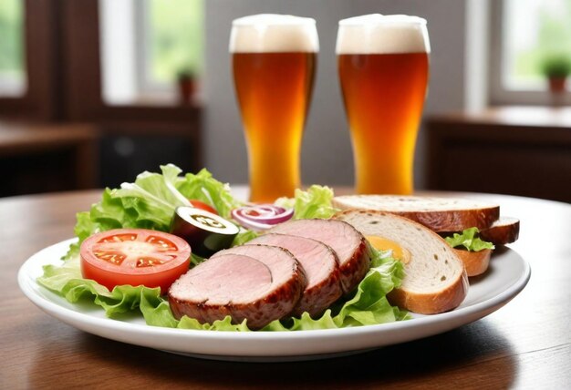 Grilled pork salad and beer