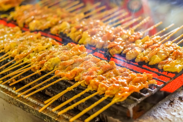 Grilled pork satays on the stove oven thai style