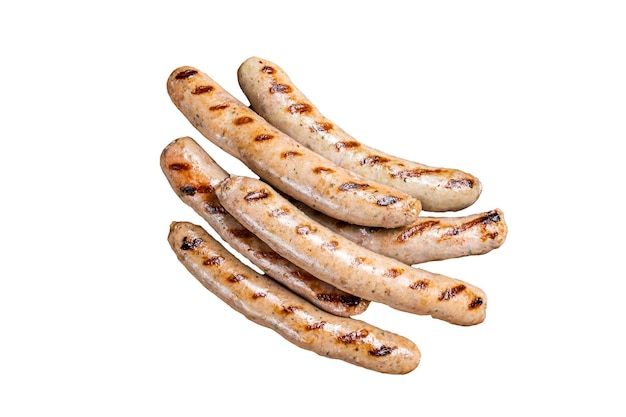 Grilled pork sausages from a BBQ Isolated on white background