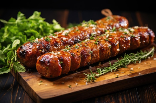 Grilled pork sausages with mustard herbs on wooden board space for text