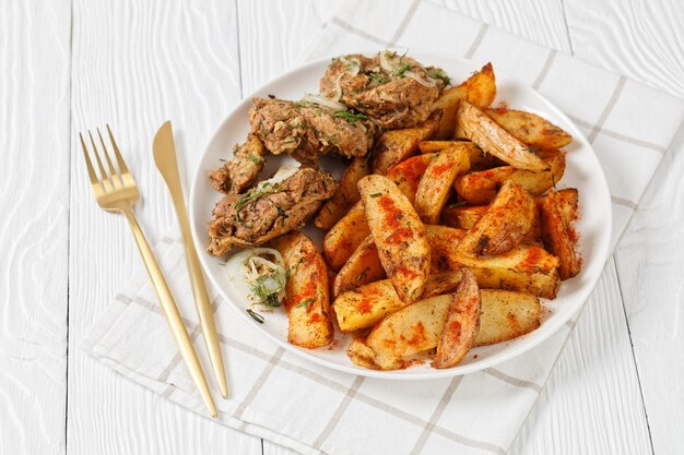 Grilled Pork Shoulder Steaks with potato wedges