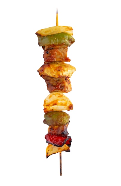 Grilled pork skewer and vegetables barbecue isolated on white background