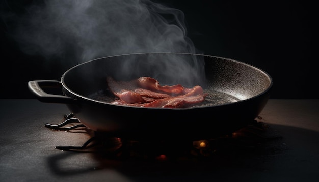 Foto una bistecca di maiale alla griglia su ghisa generata dall'intelligenza artificiale.