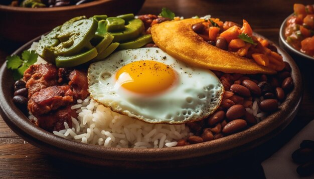 Grilled pork with rice beans and salad generated by AI