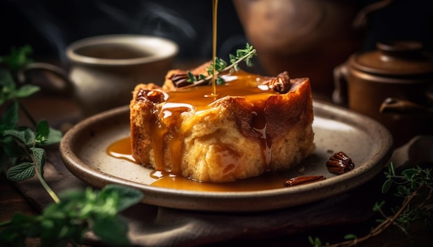 Grilled pork with spicy sauce served on crockery plate generated by AI