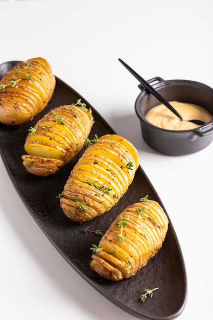 Grilled potato with thyme, pepper and sauce