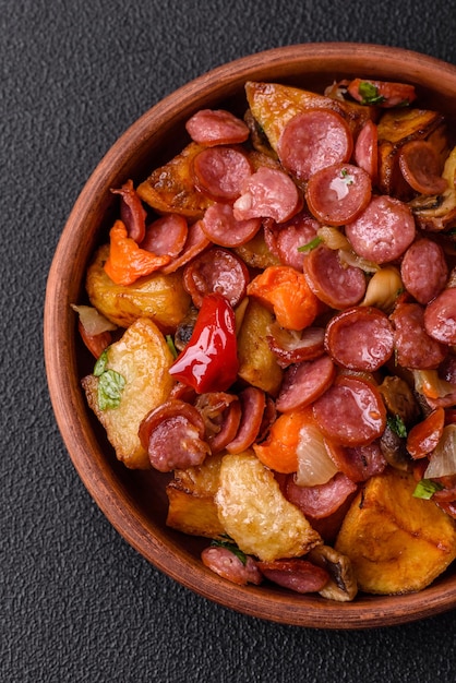 Grilled potatoes cut into slices with hunting sausages with garlic onion