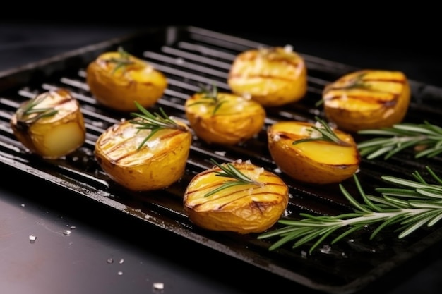 Grilled potatoes with rosemary on a black slate background