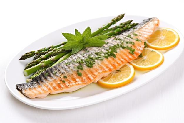 Grilled rainbow trout served with asparagus on a white dish