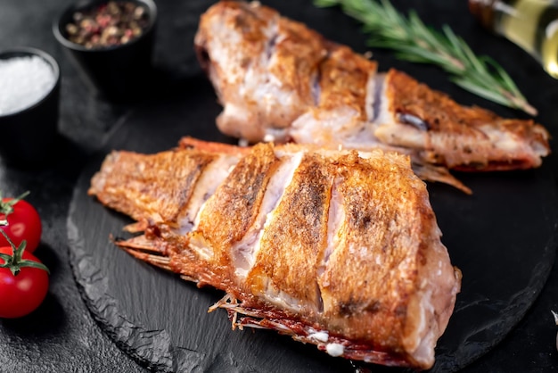 grilled red sea bass with rosemary and spices on a stone background