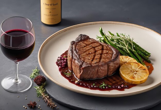 Photo grilled ribeye beef steak with red wine herbs and spices food advertisement photo