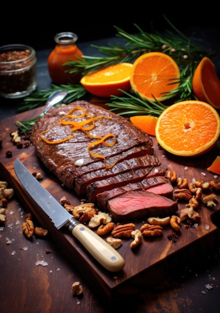 grilled ribeye steak cooked on a wooden board