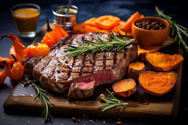 Grilled ribeye steak served with a side of creamy horseradish sauce