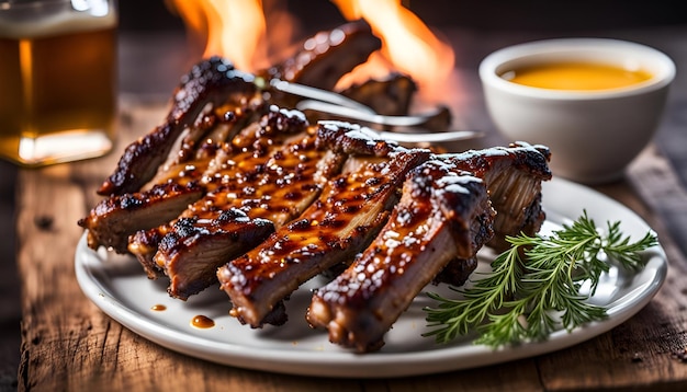 Grilled ribs marinated with honey and mustard