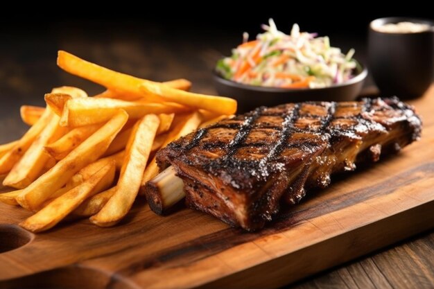 Photo grilled ribs with charcoal blackened edges fries and coleslaw on a wooden board