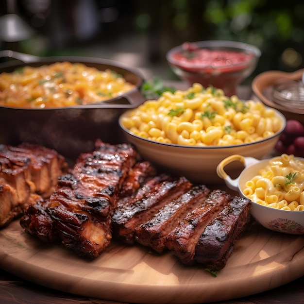 Foto costole alla griglia con macaroni e formaggio su una tavola di legno