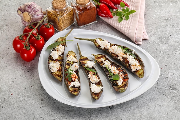 Grilled ripe eggplant with feta cheese