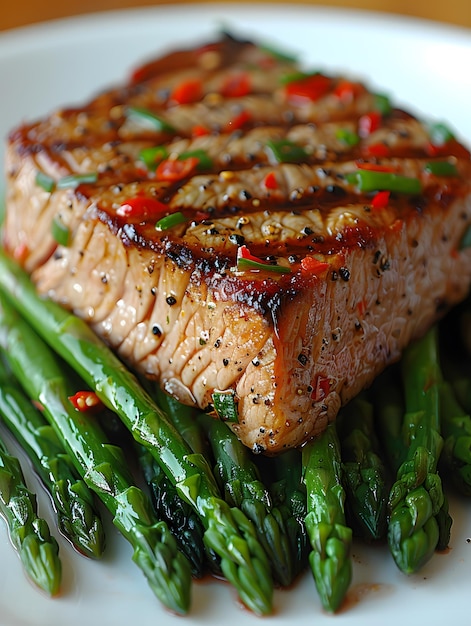 Grilled salmon and asparagus on a white plate garnished with leafy greens