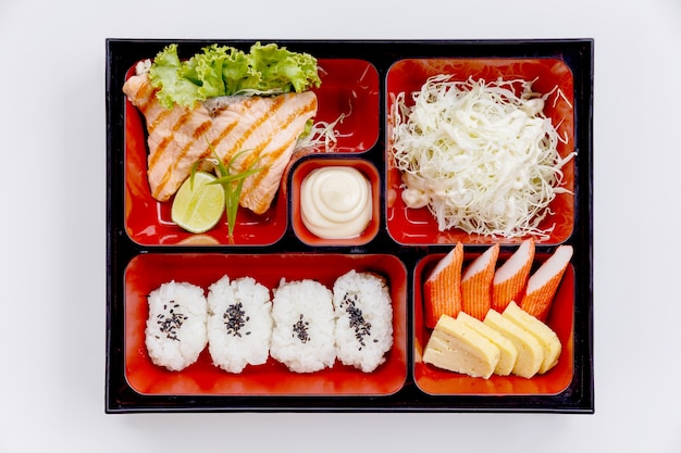 Grilled Salmon Bento with Salad.