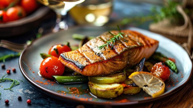 a grilled salmon and broccoli dinner with white wine on a black plate