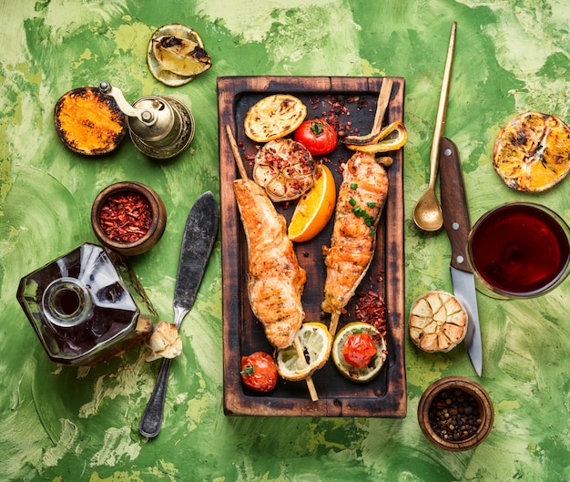 Grilled salmon on cutting board