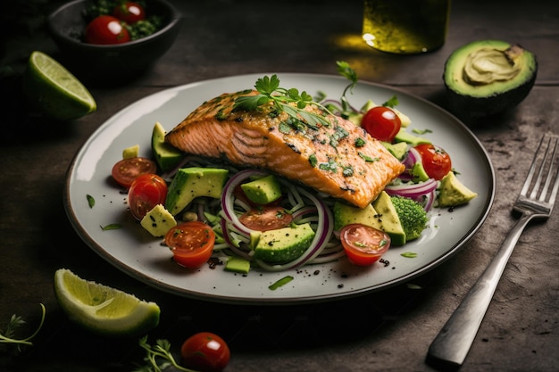 Grilled salmon fillet and fresh green vegetable Illustration AI GenerativexA