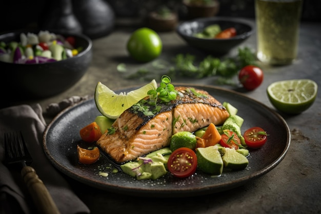 Grilled salmon fillet and fresh green vegetable Illustration AI GenerativexA