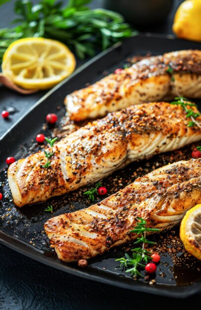 Grilled Salmon Fillet Served With Fresh Salad and Lemon on a Plate