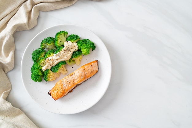 grilled salmon fillet steak with broccoli - healthy food style