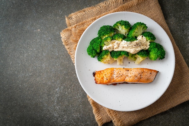 grilled salmon fillet steak with broccoli - healthy food style