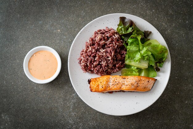 grilled salmon fillet steak with rice berry and vegetable - healthy food style