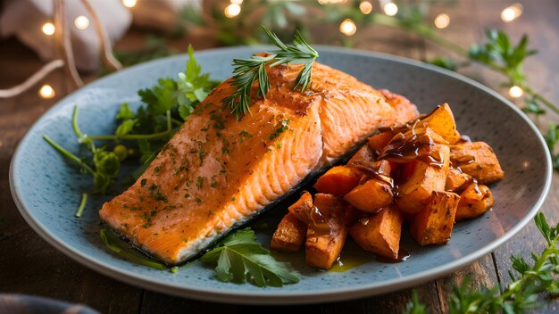 Grilled salmon fillet steak with sweet potatoes on a plate healthy food closeup photo