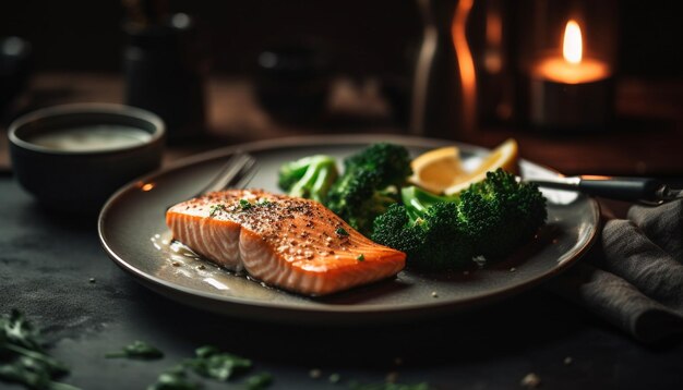 Grilled salmon fillet with asparagus and broccoli generated by AI