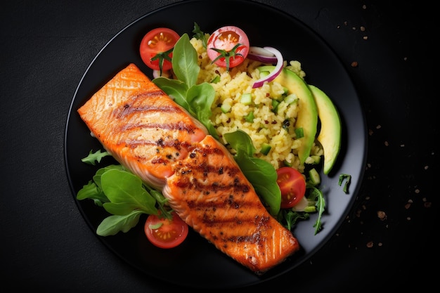 Grilled salmon fillet with couscous veggies and avocado on dark background viewed from top